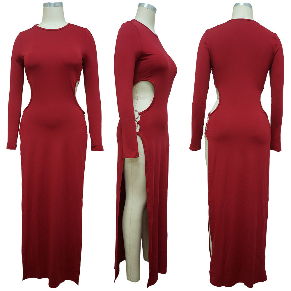 Sexy Solid Color Round Neck Sexy Slit Long Dress