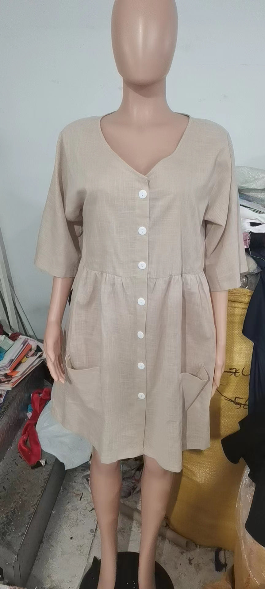 Sexy Solid V Neck Pockets Casual Loose Mini Dress