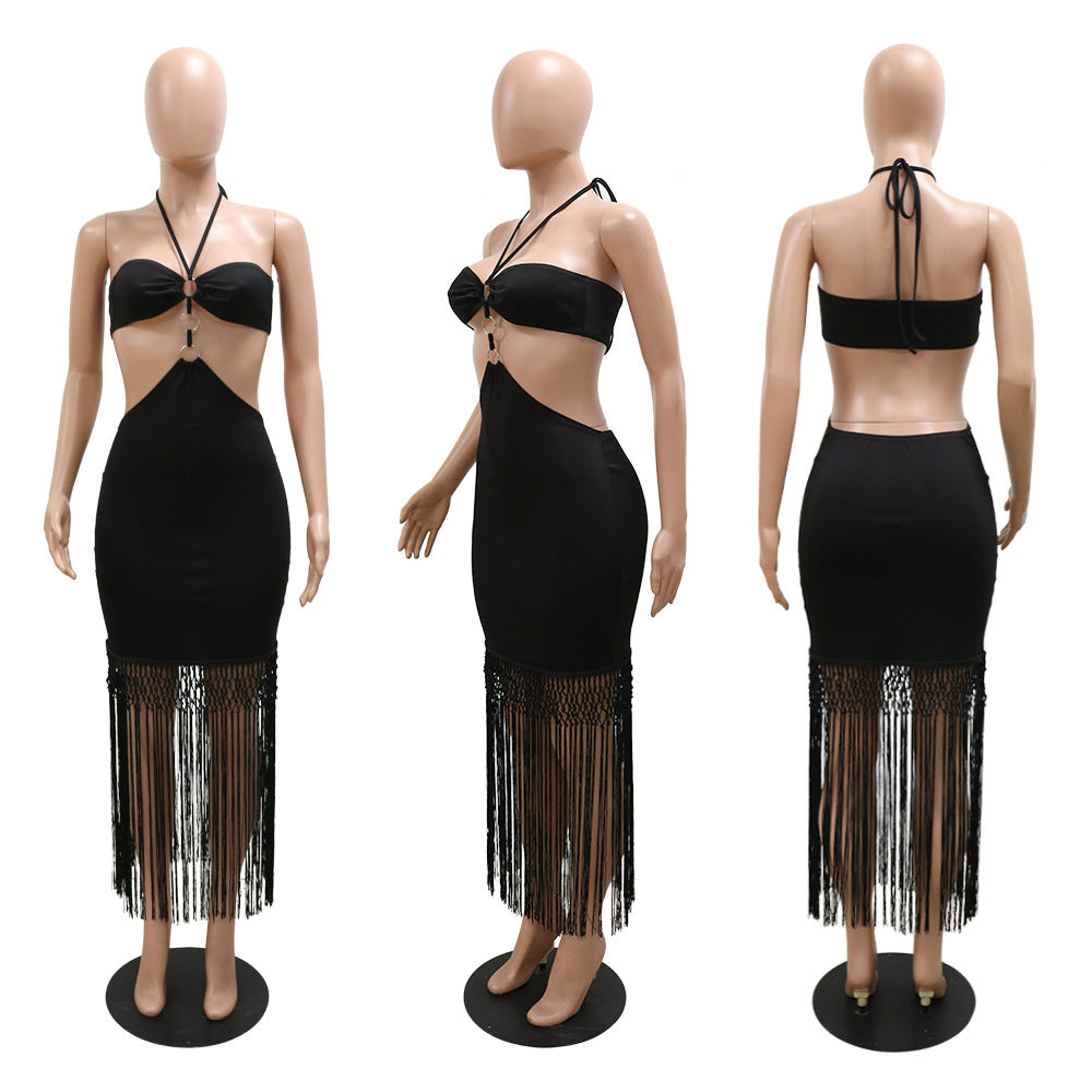 Sexy Sexy Tassel Hollow Out Halter Long Dress