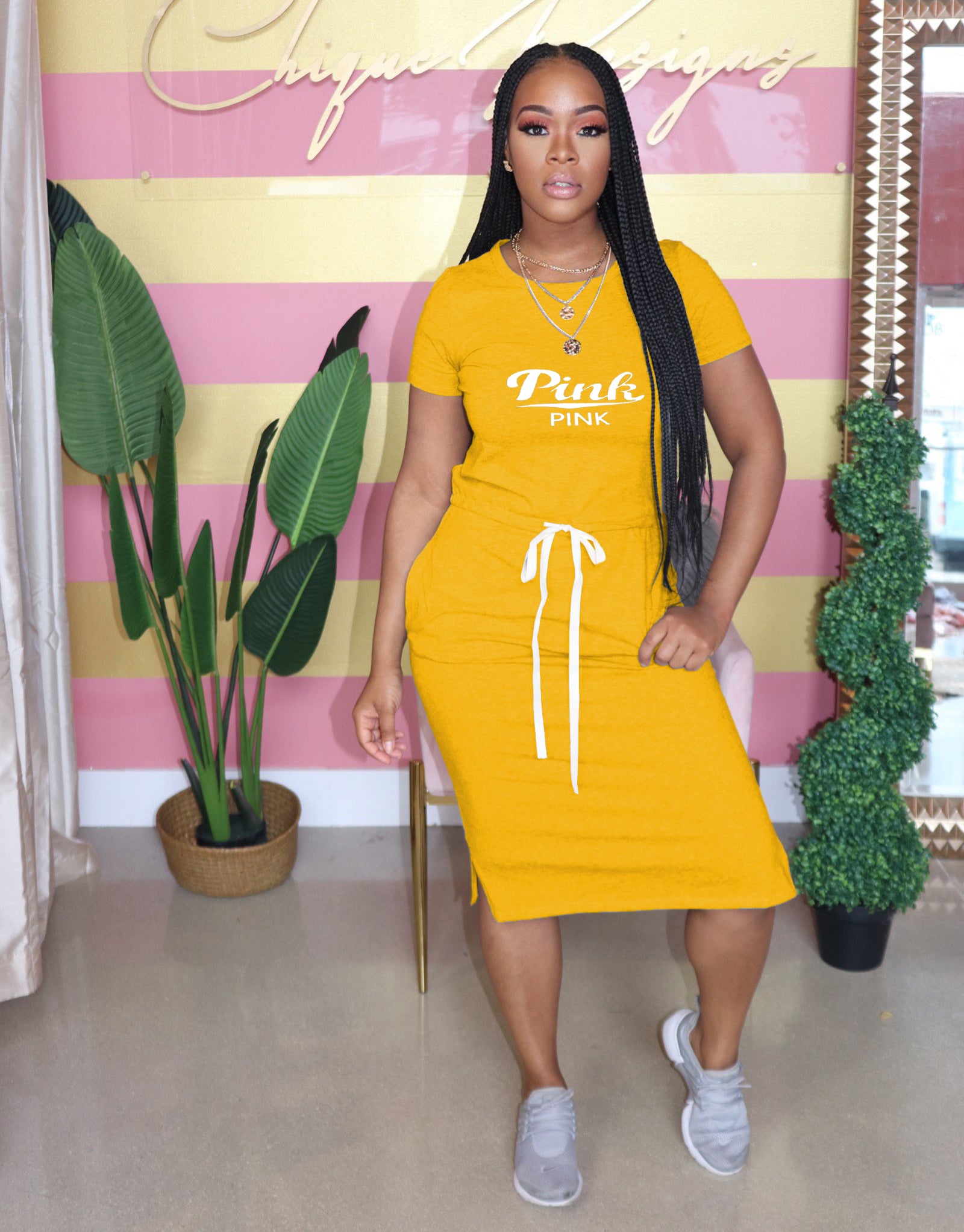 Sexy Casual Short Sleeve Solid PINK Letter Print Midi Dress