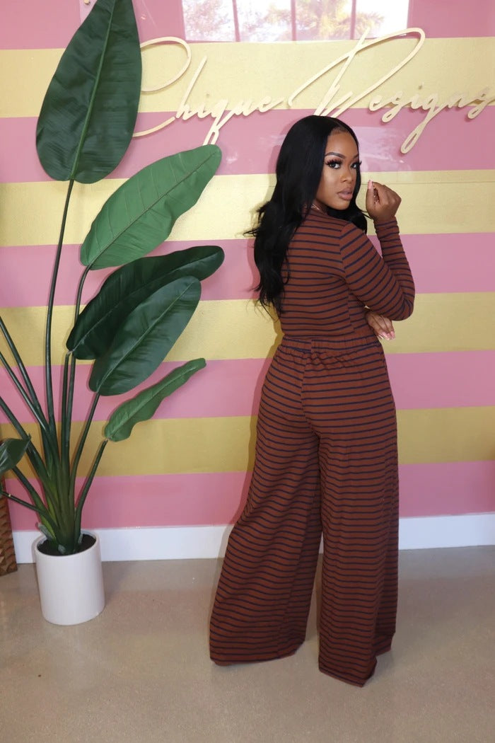 Sexy Plus Size Casual Long Sleeve Tops And Wide Leg Pant Stripe 2 Piece Set