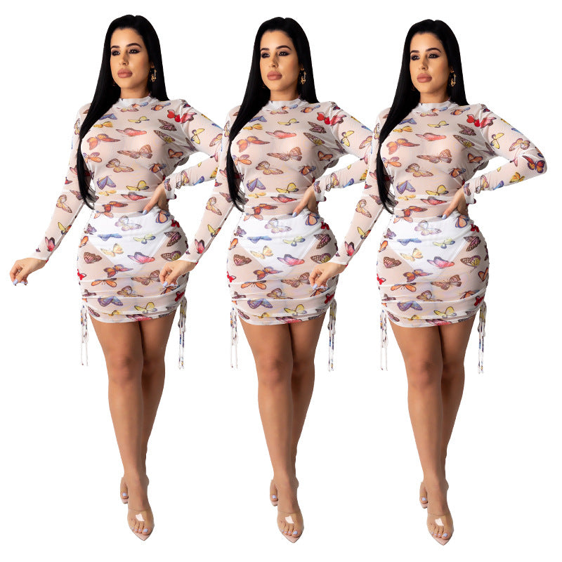 Sexy Sexy See Through Print Long Sleeve Mini Dress