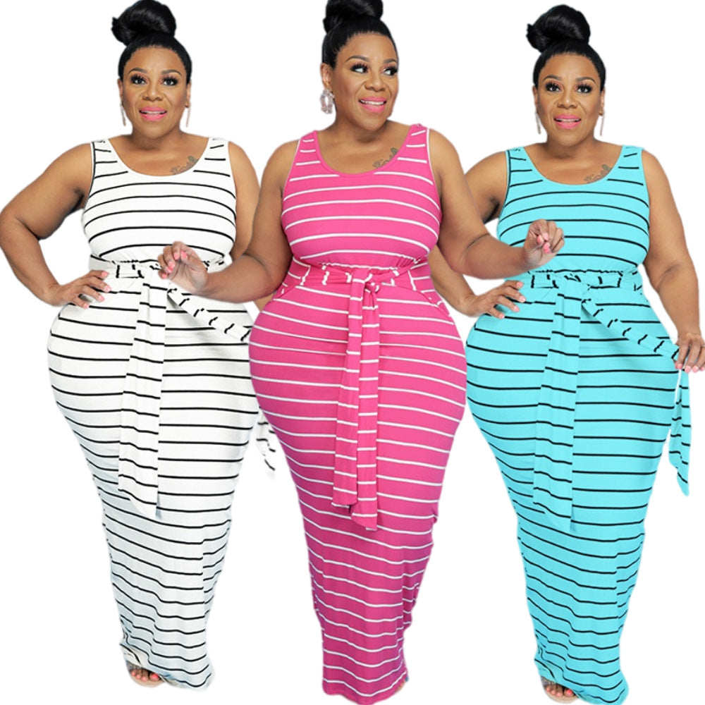 Sexy Plus Size Striped Sleeveless Sashes Maxi Dress