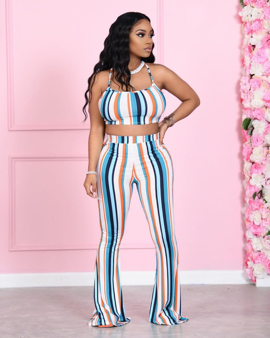 Sexy Colorful Striped Cami Top Flared Pants 2 Piece Sets
