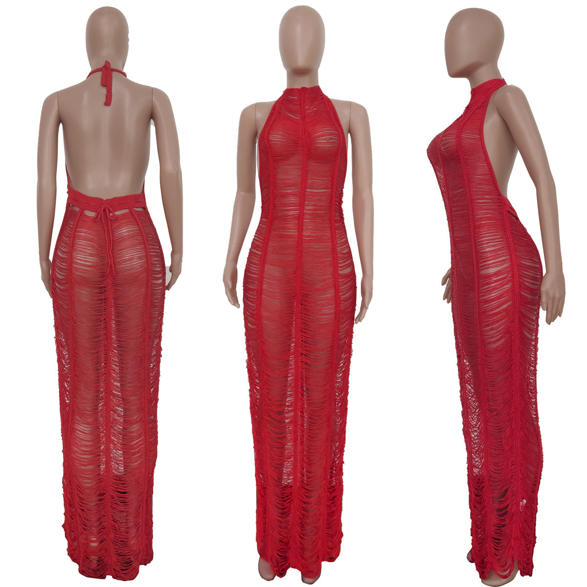 Sexy Solid Knitted Halter Hollow Out Maxi Dress