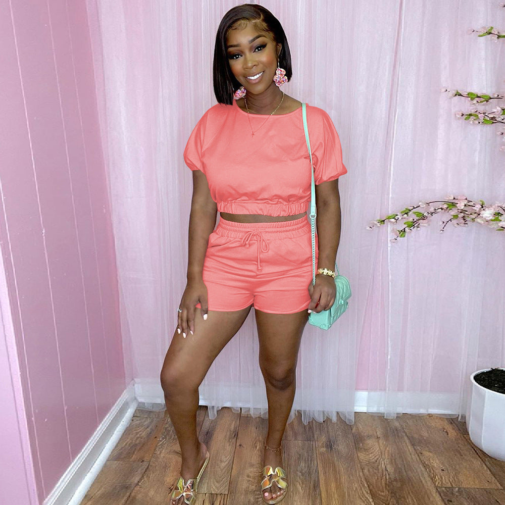 Sexy Solid Color Casual Short Sleeve Shorts  Two Piece Sets