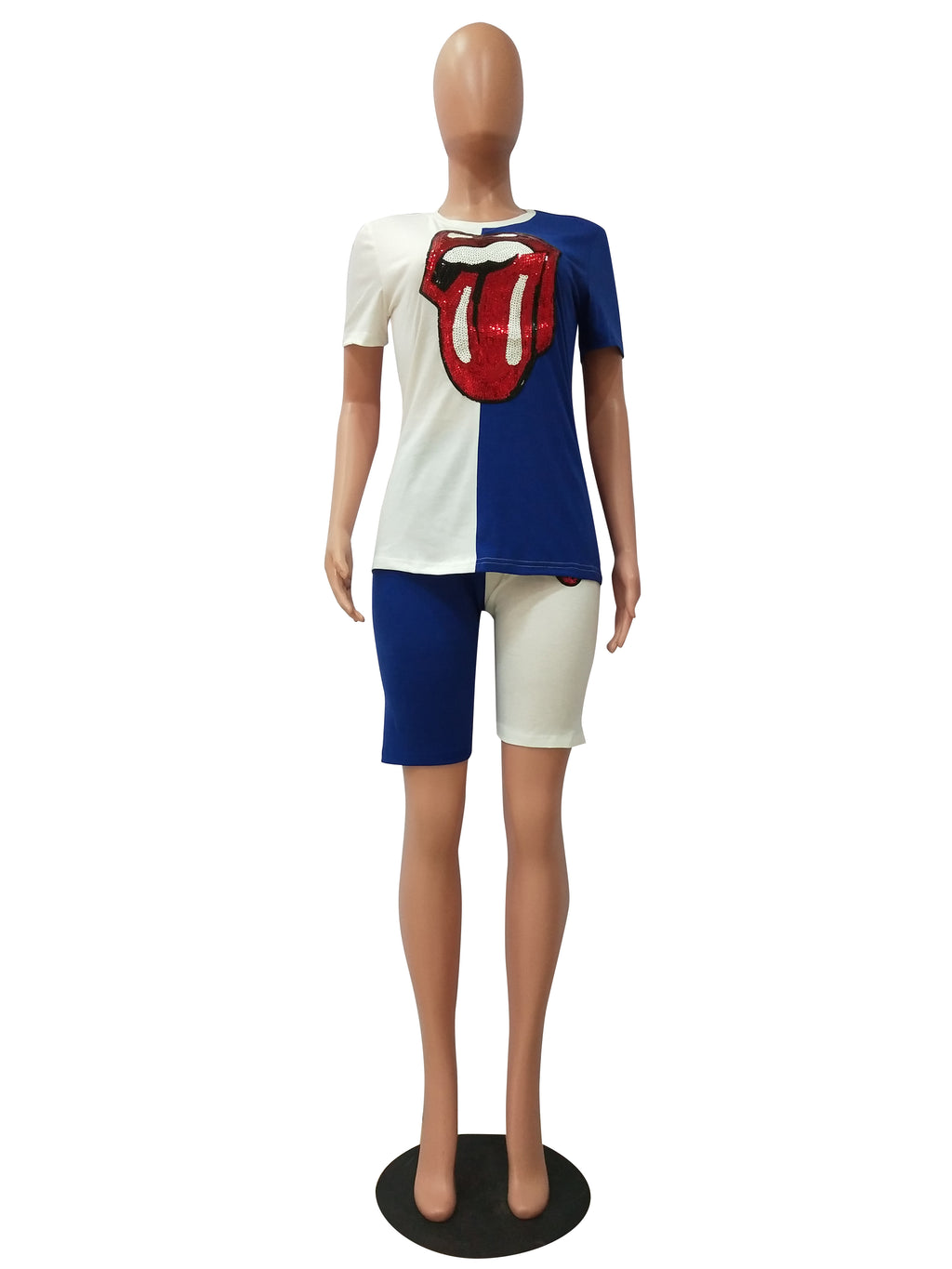 Sexy Fashion Casual Sequin Splice Short Sleeve Shorts  Two Piece Sets