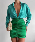 Sexy Sexy Deep V Neck Long Sleeve Ruched Mini Dress