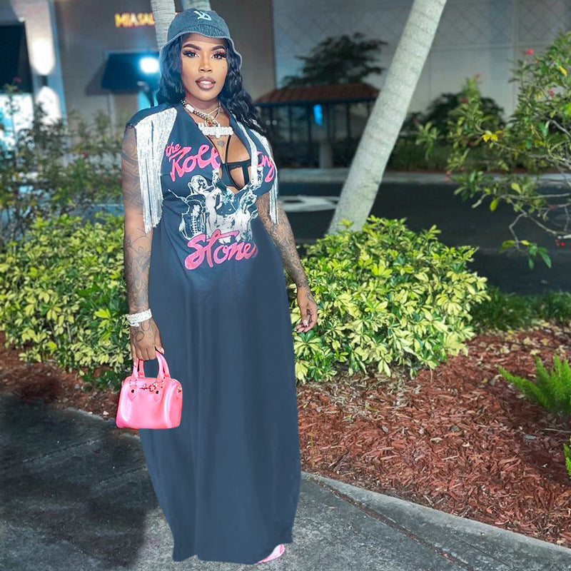 Sexy Casual Printed Tassel Sleeveless Pocket Maxi Dress