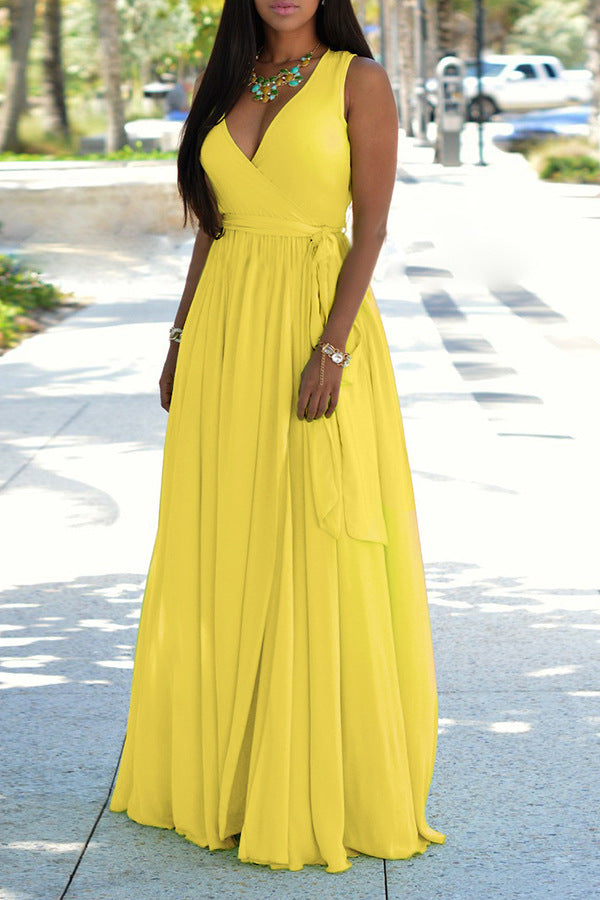 Sexy Yellow V Neck Sleeveless Sashes Maxi Dress