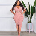 Sexy Plus Size Solid V Necl Short Sleeve Midi Dress (Without Belt)