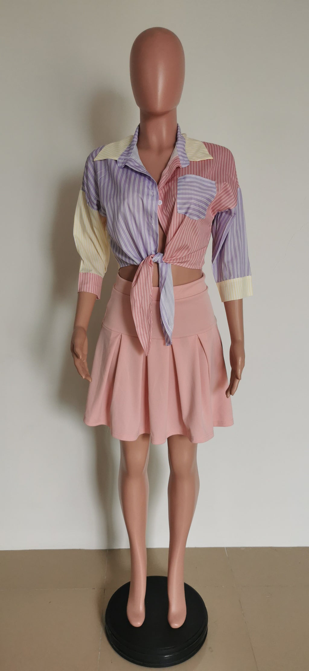 Sexy Striped 3/4 Sleeves Shirt Top+Pleated Mini Skirt 2 Piece Sets