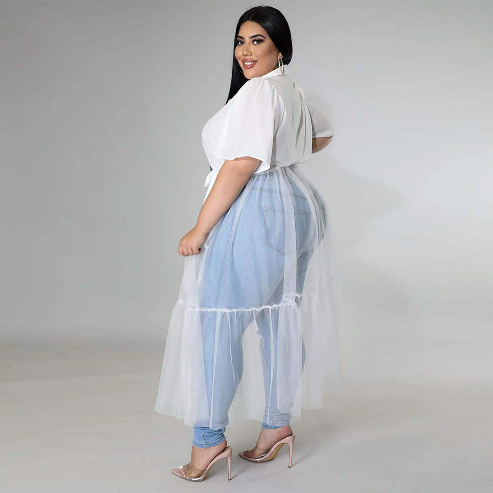 Sexy Plus Size Solid Mesh Patchwork Sashes Maxi Dress