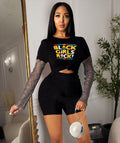 Sexy Mesh Sleeve Patchwork Print T Shirt Two Piece Short Set
