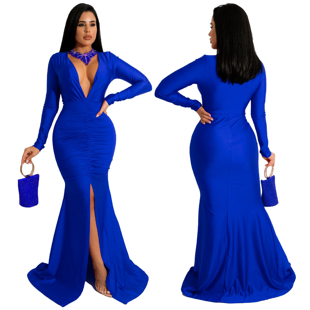 Sexy Solid Color Sexy V-Neck Slit Evening Dress