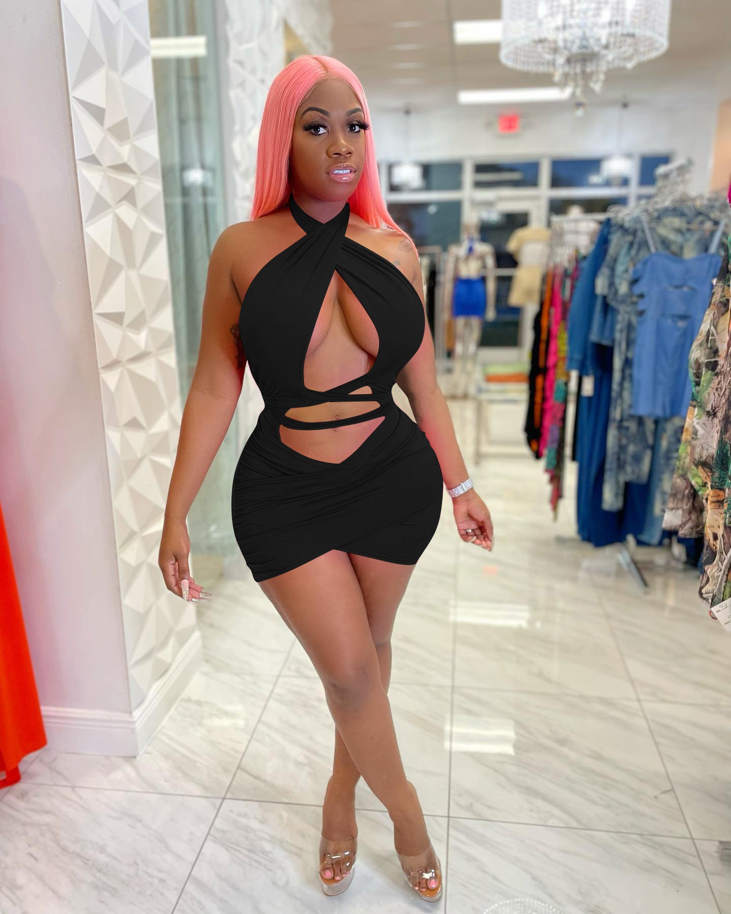 Sexy Sexy Halter Backless Hollow Out Bandage Mini Dress