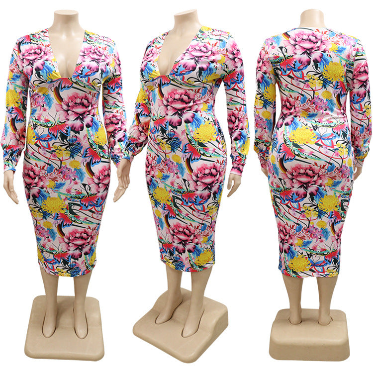 Sexy Plus Size Print Long Sleeve Deep V Slim Midi Dress