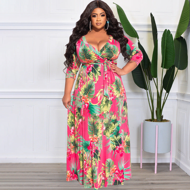 Sexy Plus Size Floral Print Sashes Maxi Dress