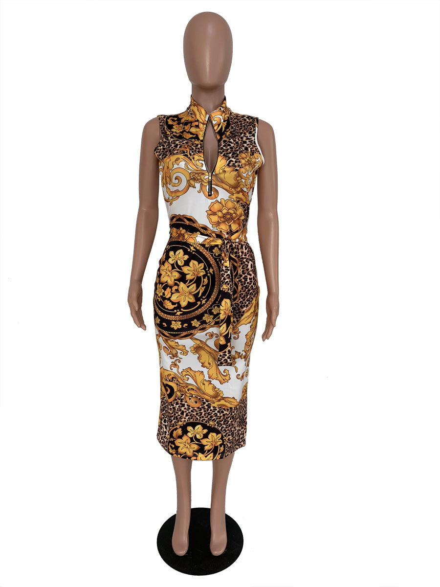 Sexy Fashion Sexy Print Slim Zip Sleeveless Midi Dress
