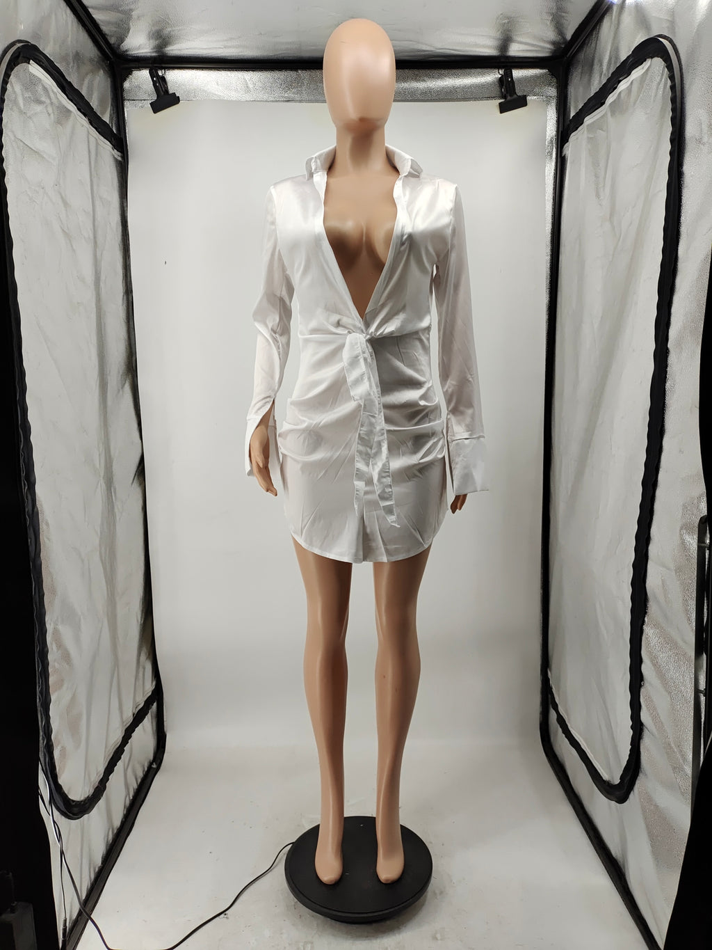 Sexy Solid Long Sleeve Tie-Up Shirt Dress