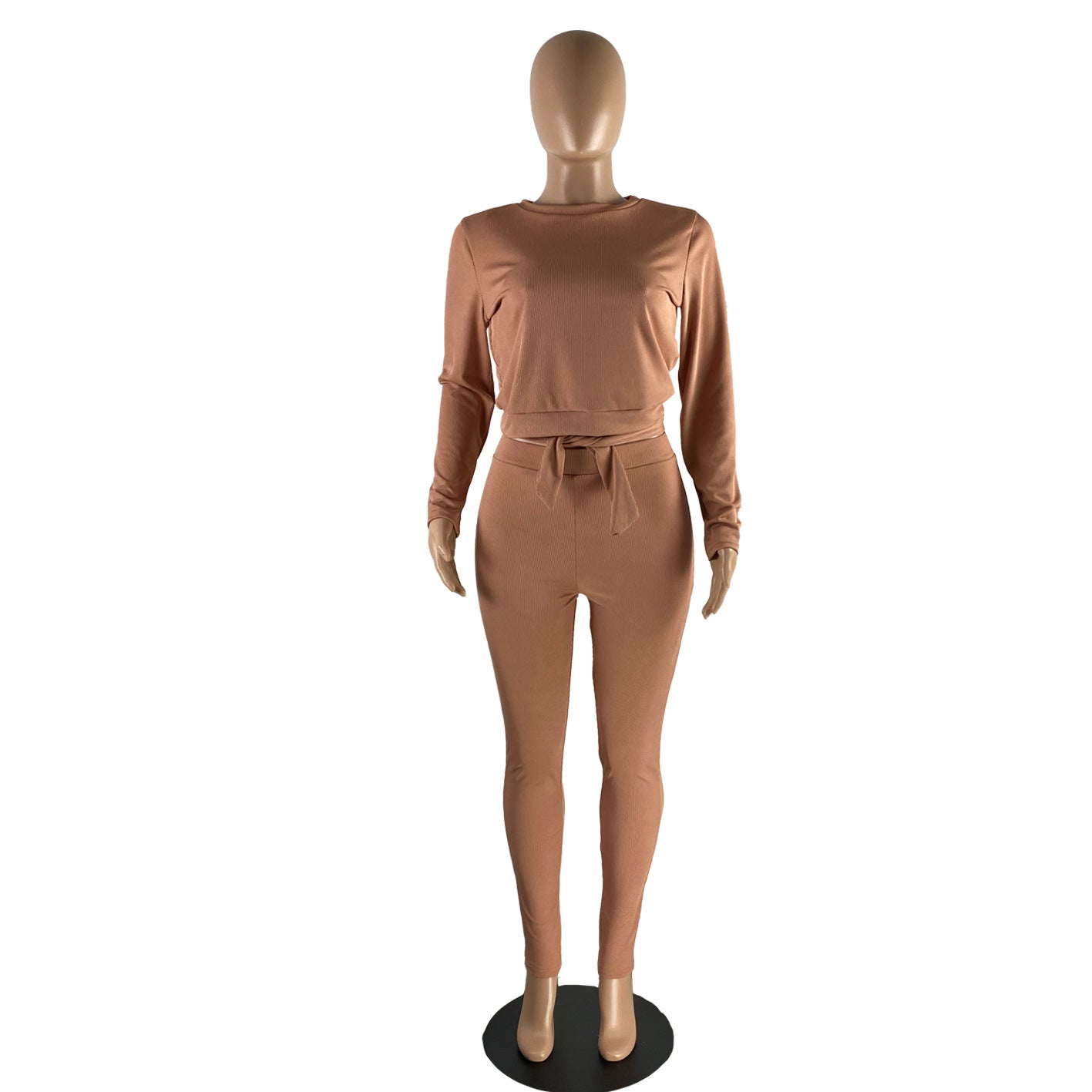 Sexy Solid O Neck Pullover And Waist Belt Pant 2 Piece Set
