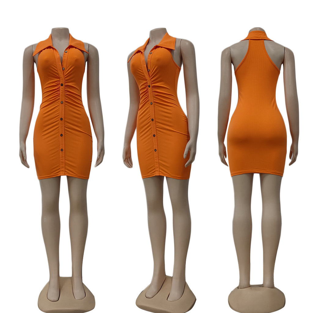 Sexy Solid Sleeveless Turndown Collar Slim Mini Dress