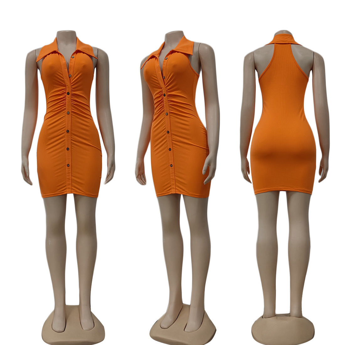 Sexy Solid Sleeveless Turndown Collar Slim Mini Dress