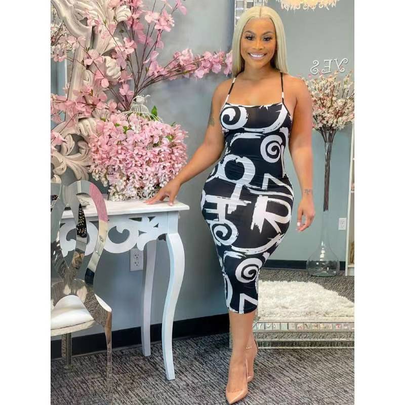 Sexy Geometric Print Spaghetti Strap Midi Dress