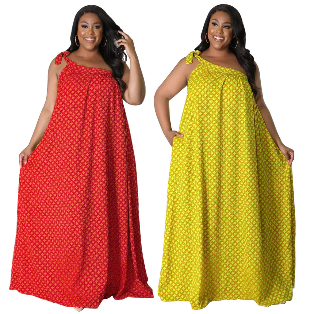 Sexy Plus Size Polka Dot Print One Shoulder Loose Maxi Dress
