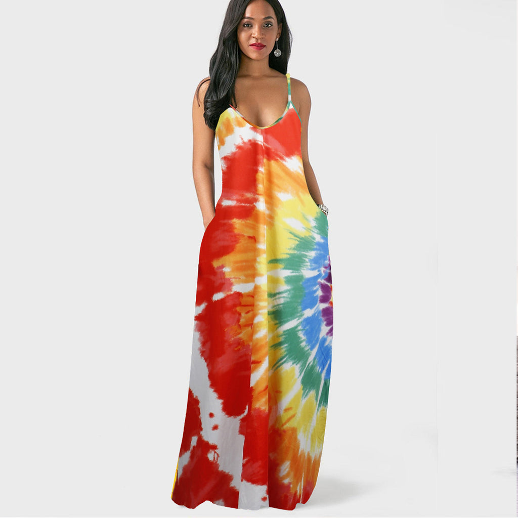Sexy Tie Dye Print Spaghtti Strap Maxi Dress
