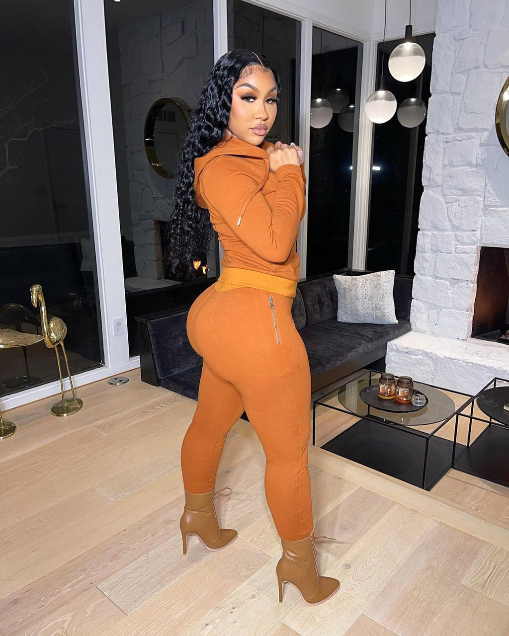 Sexy Solid Fleece Hooded Zipper Long Sleeve Two Piece Sets