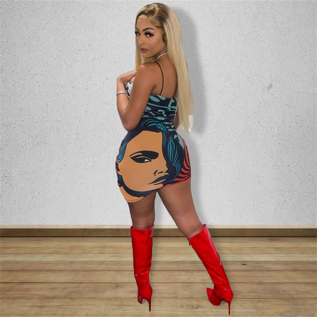 Sexy Sexy Printed Spaghetti Strap Slim Mini Dress