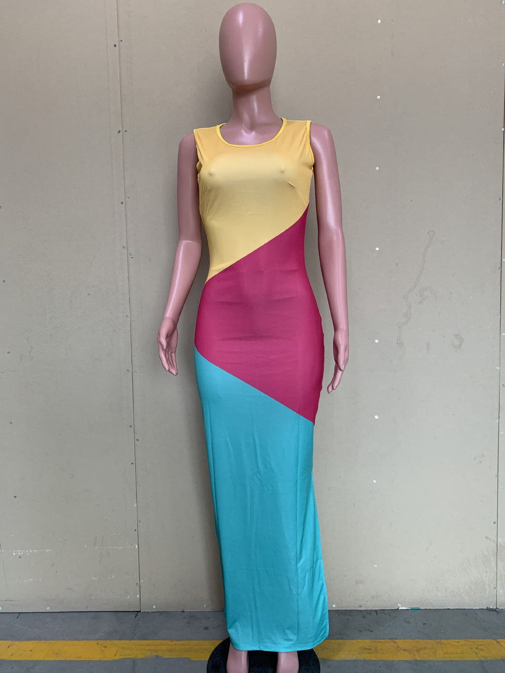 Sexy Contrast Color Sleeveless Split Long Dress