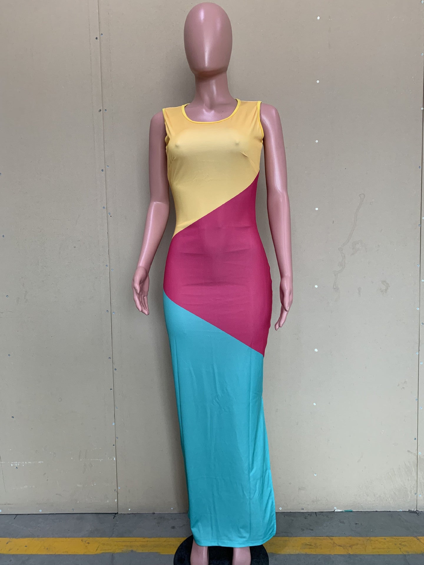 Sexy Contrast Color Sleeveless Split Long Dress