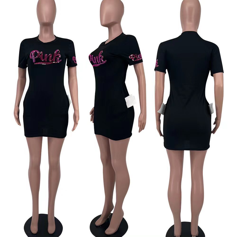 Sexy Sequin Pink Letter Print Short Sleeve Mini Dress