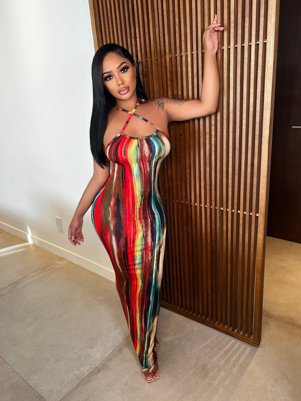 Sexy Tie Dye Print Cross Strap Sleeveless Maxi Dress