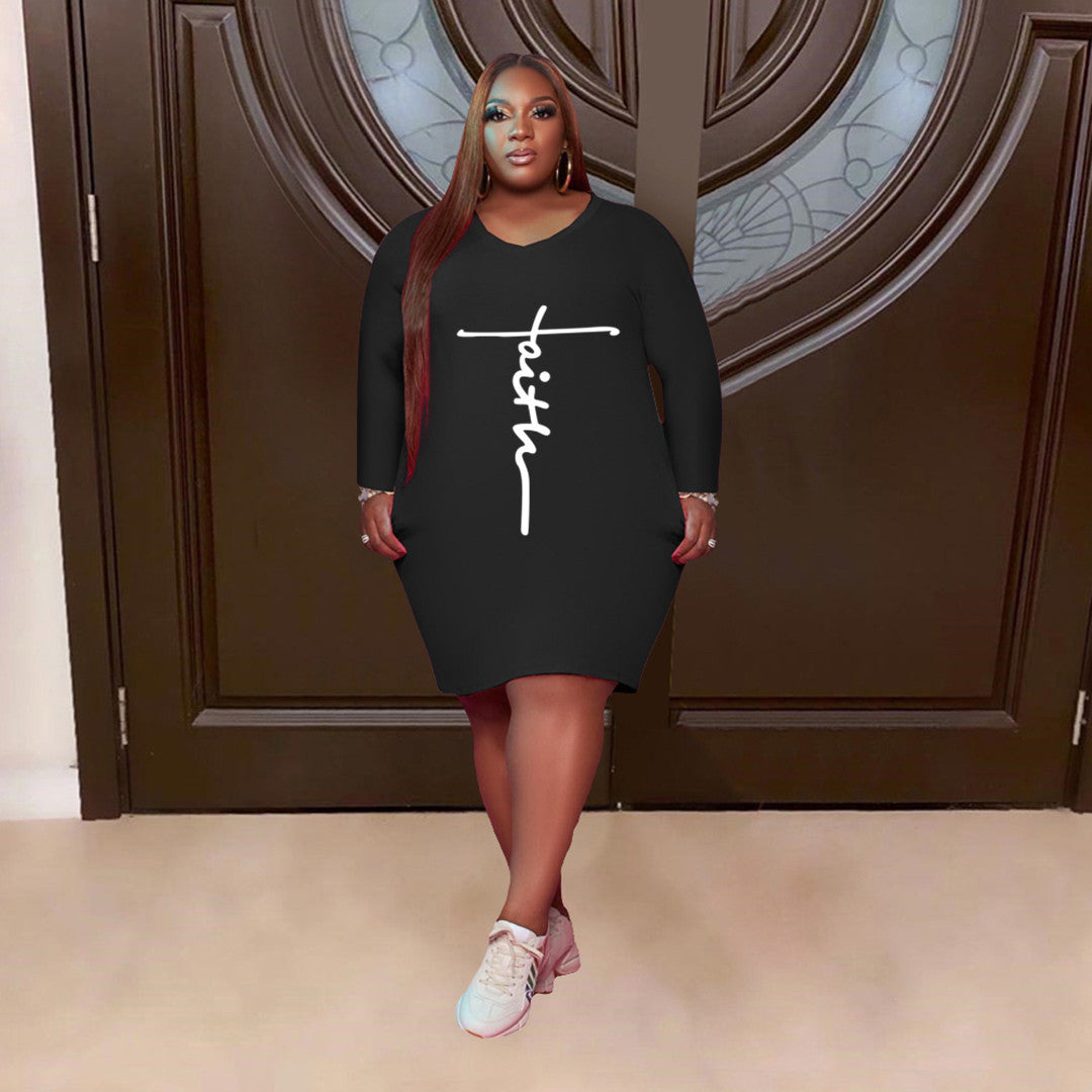 Sexy Plus Size Letter Print Long Sleeve Casual Dress