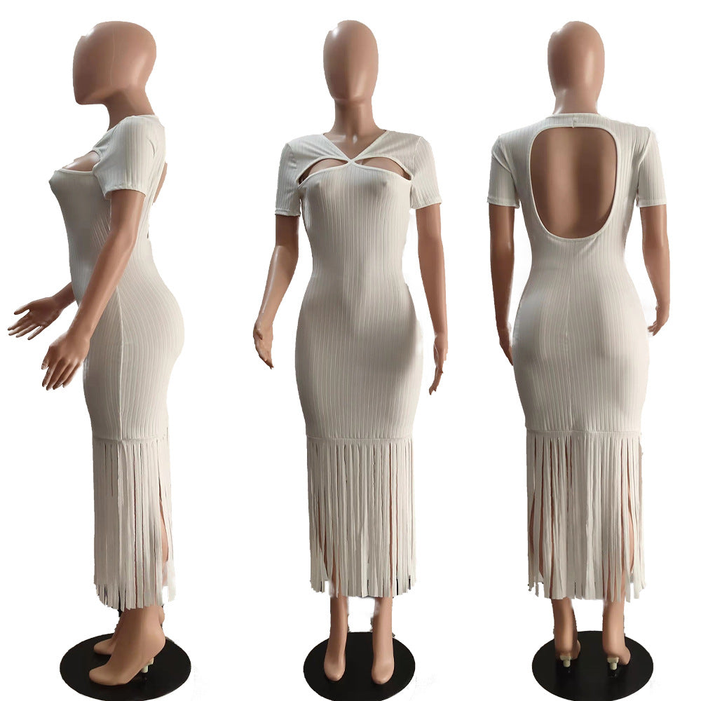 Sexy Ribbed Tassel Backless Short Sleeve Long Dress