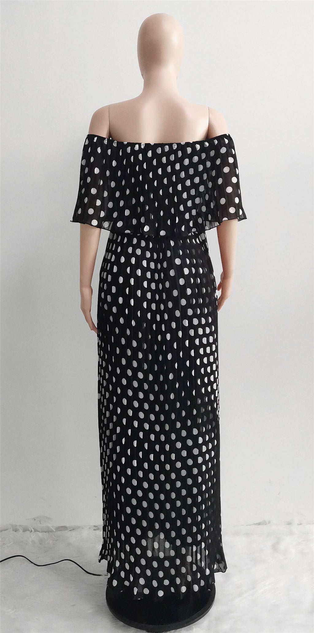 Sexy Chiffon Polka Dot Print Slash Neck Pleated Maxi Dress