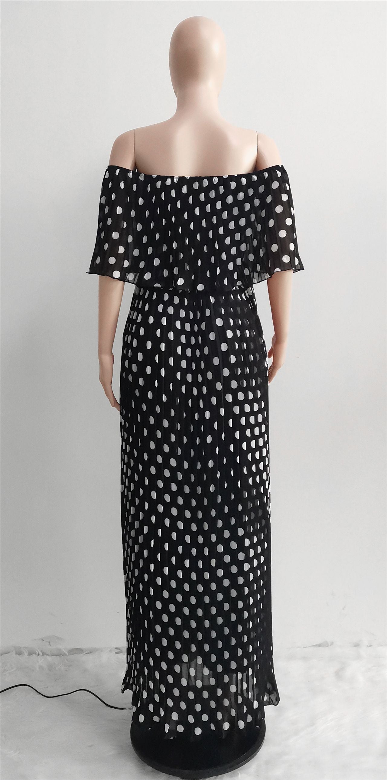 Sexy Chiffon Polka Dot Print Slash Neck Pleated Maxi Dress