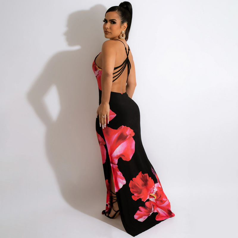 Sexy Flower Print Backless Cross Strap Split Maxi Dress