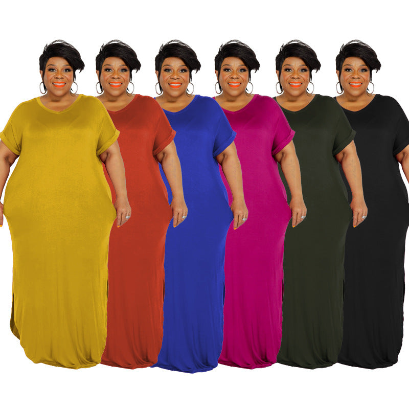 Sexy Plus Size Solid Short Sleeve Split Maxi Dress