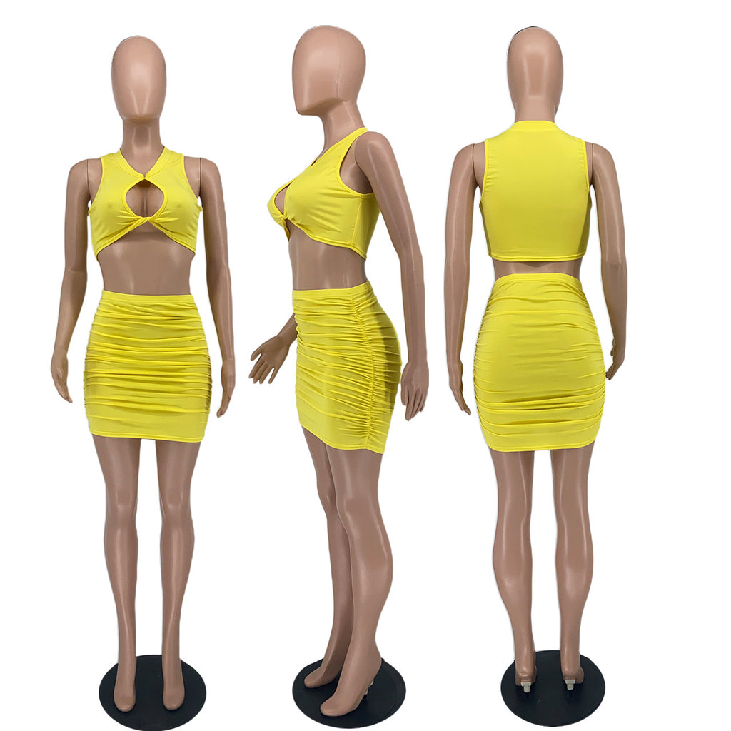 Sexy Sexy Hollow Out Pleated Two Piece Skirts Set