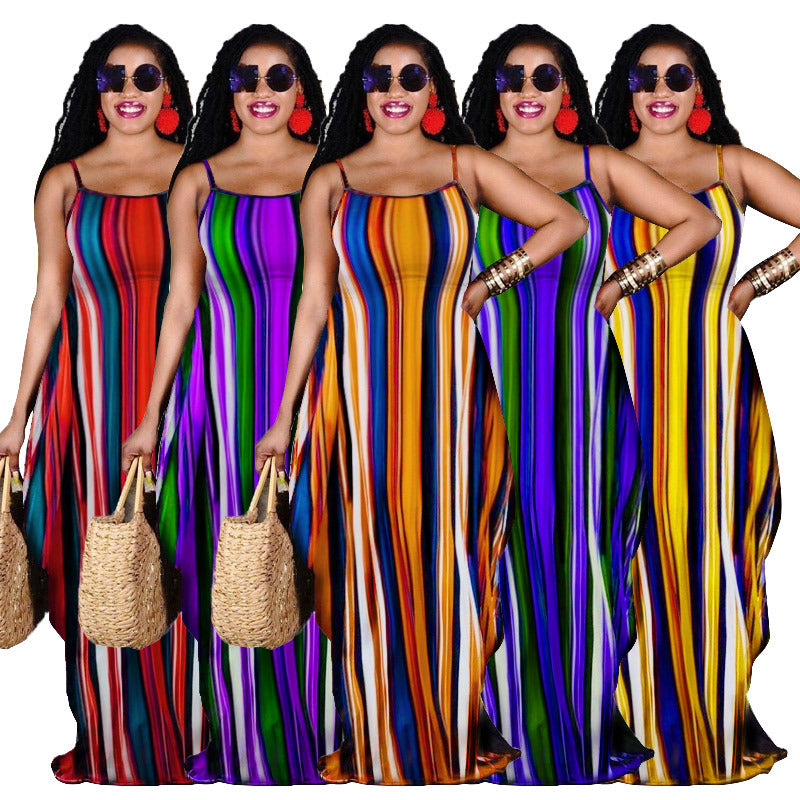 Sexy Colorful Striped Pocket Loose Sling Maxi Dress