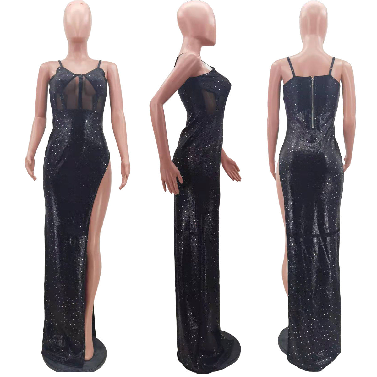 Sexy Plus Size Sexy Mesh Patchwork Sling Maxi Evening Dress
