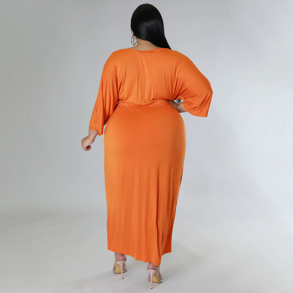 Sexy Plus Size Solid V Neck Irregular Long Dress