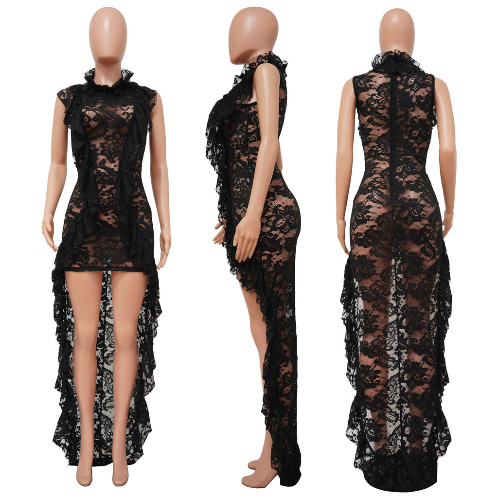 Sexy Lace Sleeveless See Through Ruffle Maxi Dress