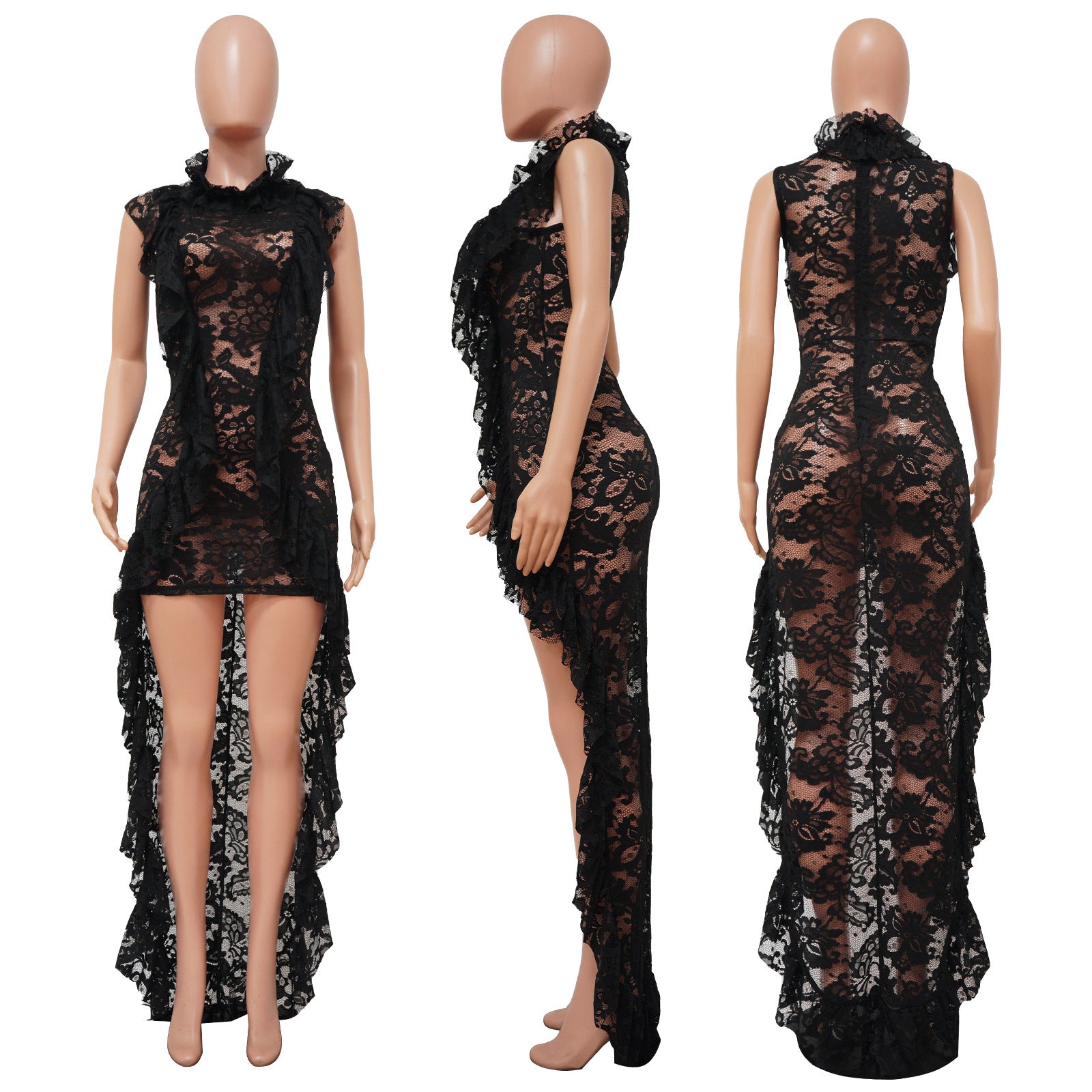 Sexy Lace Sleeveless See Through Ruffle Maxi Dress