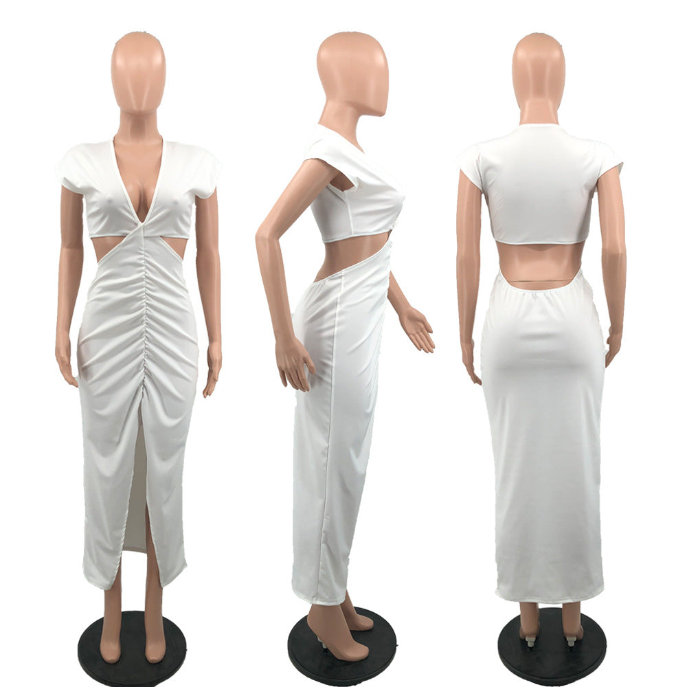 Sexy Solid V Neck Ruched Hollow Out Split Maxi Dress