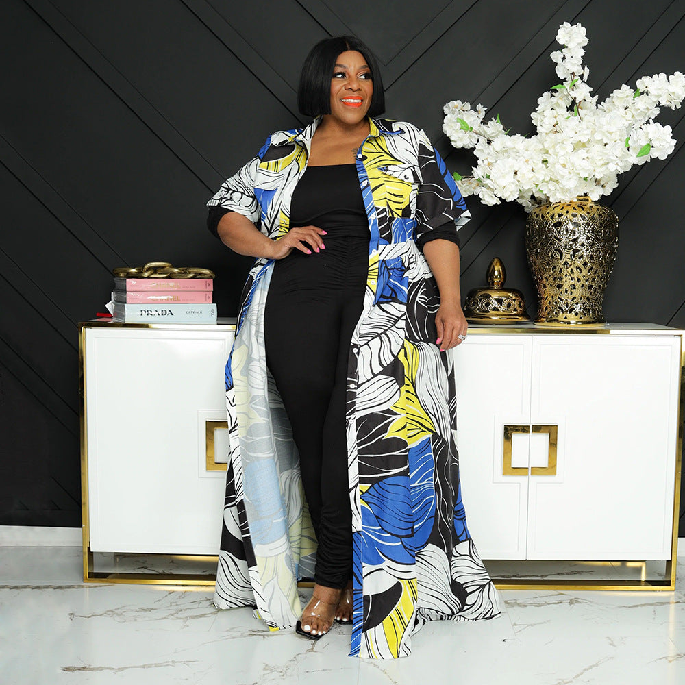 Sexy Plus Size Printed Short Sleeve Buttons Belted Maxi Dress
